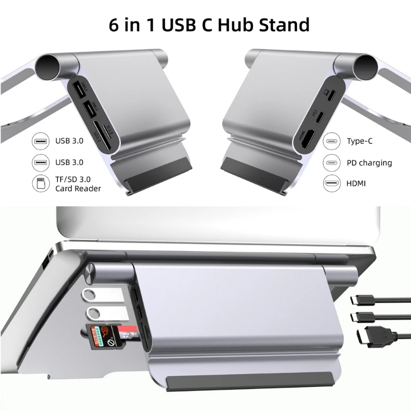 Aluminum USB C Hub with Stand, 6-in-1 USB-C Docking Station with 4K 30HZ HDMI-Compatible, 100W PD Fast Charging H8WD