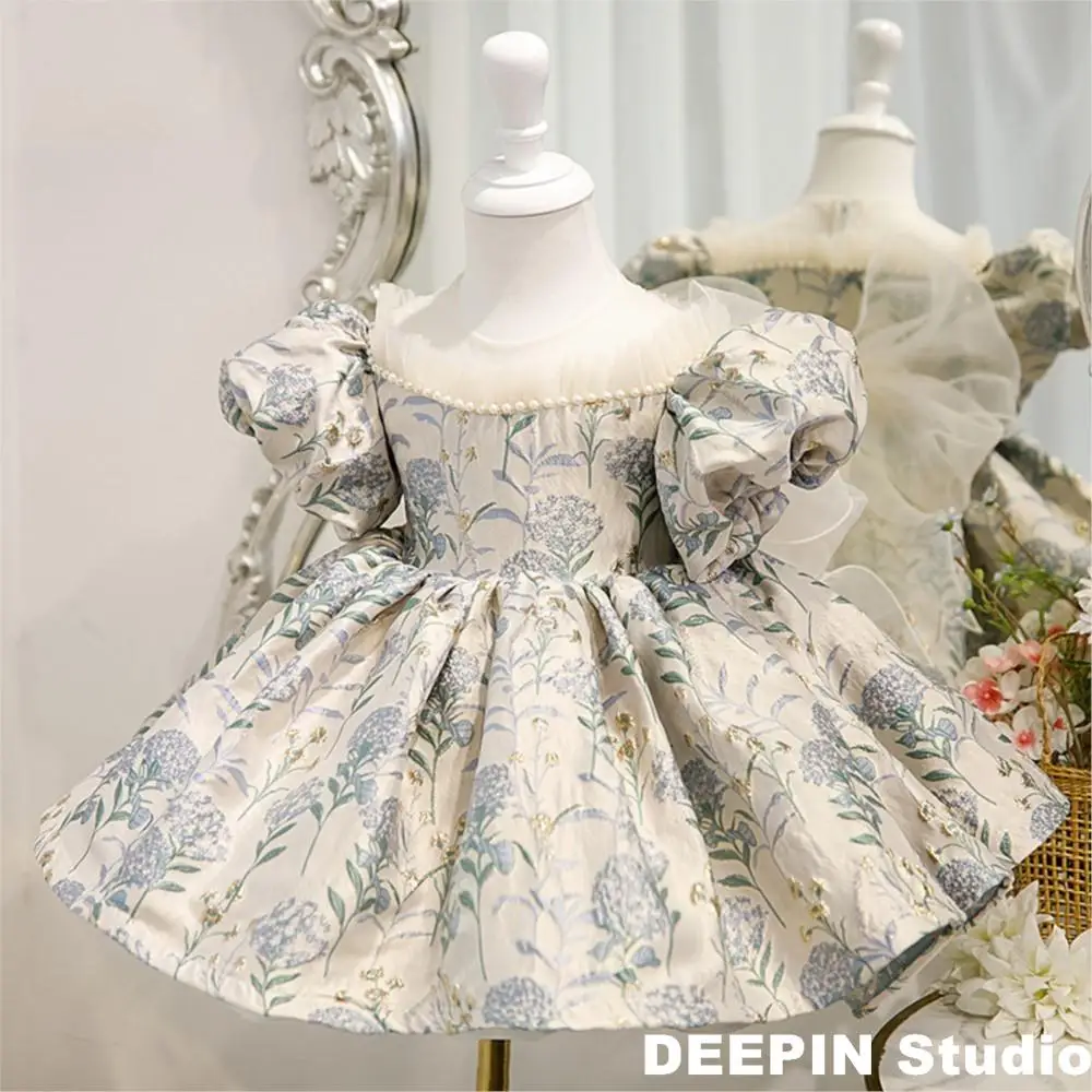 

Spanish Retro Court Girls Dress 2022 New Baby Bubble Sleeve Jacquard Princess Dress Baby 1st Birthday Party Baby Bow Tutu Dress