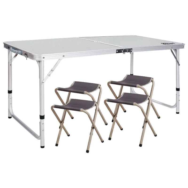 

OUZEY 4' Ajustable Folding Table With 4 Chairs Centerfold Alumimum Portable Camping Table For Ourdoor Or Indoor Use, White 4'x2'