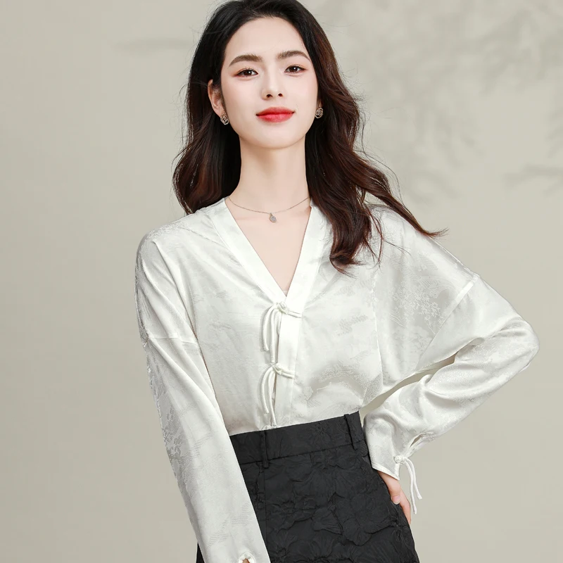 Женская шелковая рубашка в неокитайском стиле белая глянцевая жаккардовая с