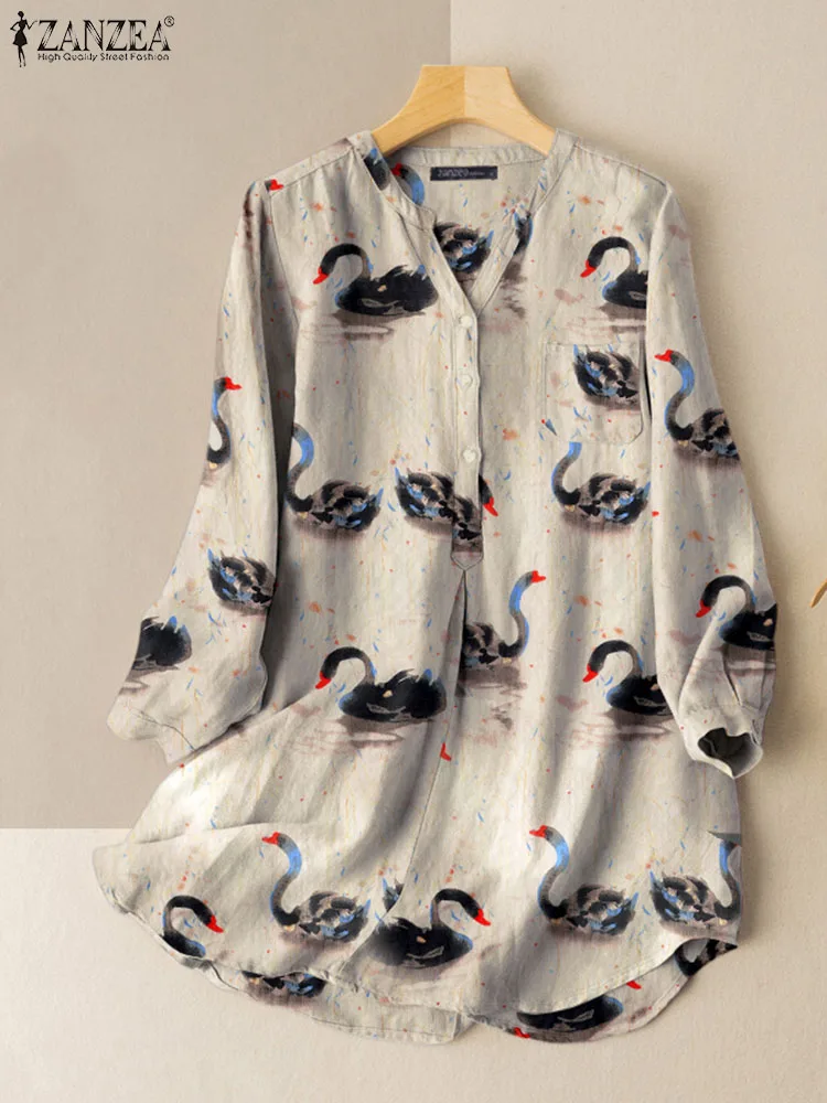 

ZANZEA Women V-Neck Printing Blouse Casual Loose Long Sleeve Shirts Fashion Holiday Commuting Tops Oversize Vintage 2023 Tunics