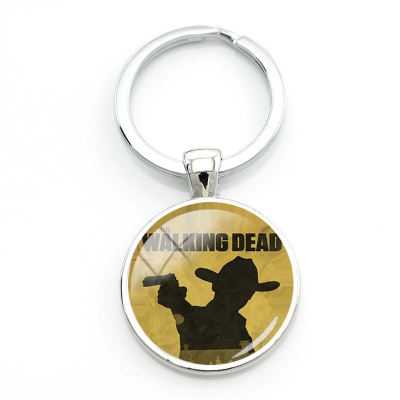 

New Walking Dead Character Silhouette Charm Keychain Silver Metallic Glass Convex Circular Keyring Key Pendant Fan Gift