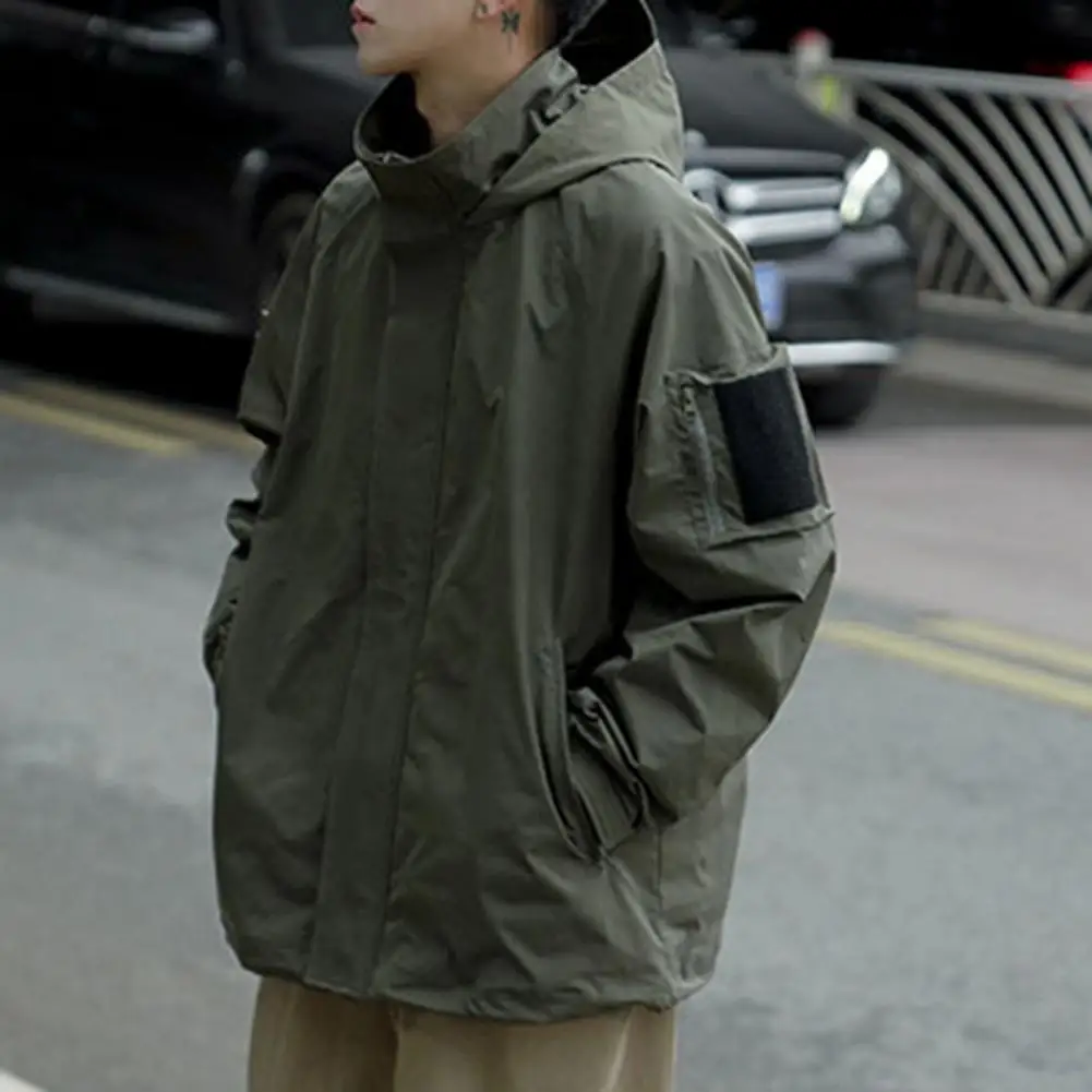

Trendy Trench Coat Hooded Oversized Spring Coat Solid Color Men Trench Coat
