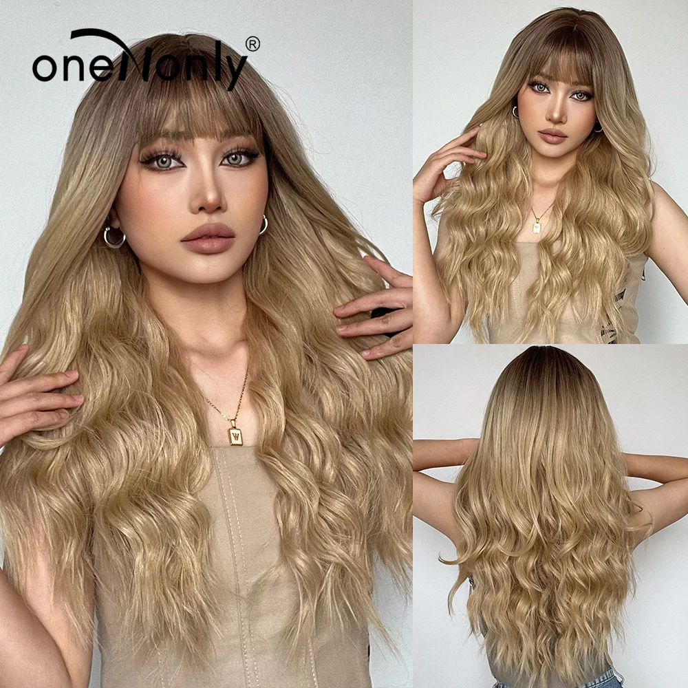 

oneNonly Synthetic Wig for Women Long Body Wave Blonde Wigs with Bangs Christmas Cosplay Daily Natural Wigs Heat Resistant Hair