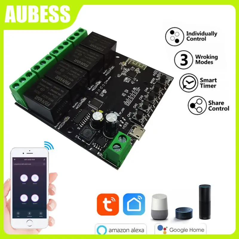 

Inching Self-locking Smart Mini Relay Module Tuya 12v Remote Control Switch Module Voice Control 1/2/4 Gang Diy Switch Wifi