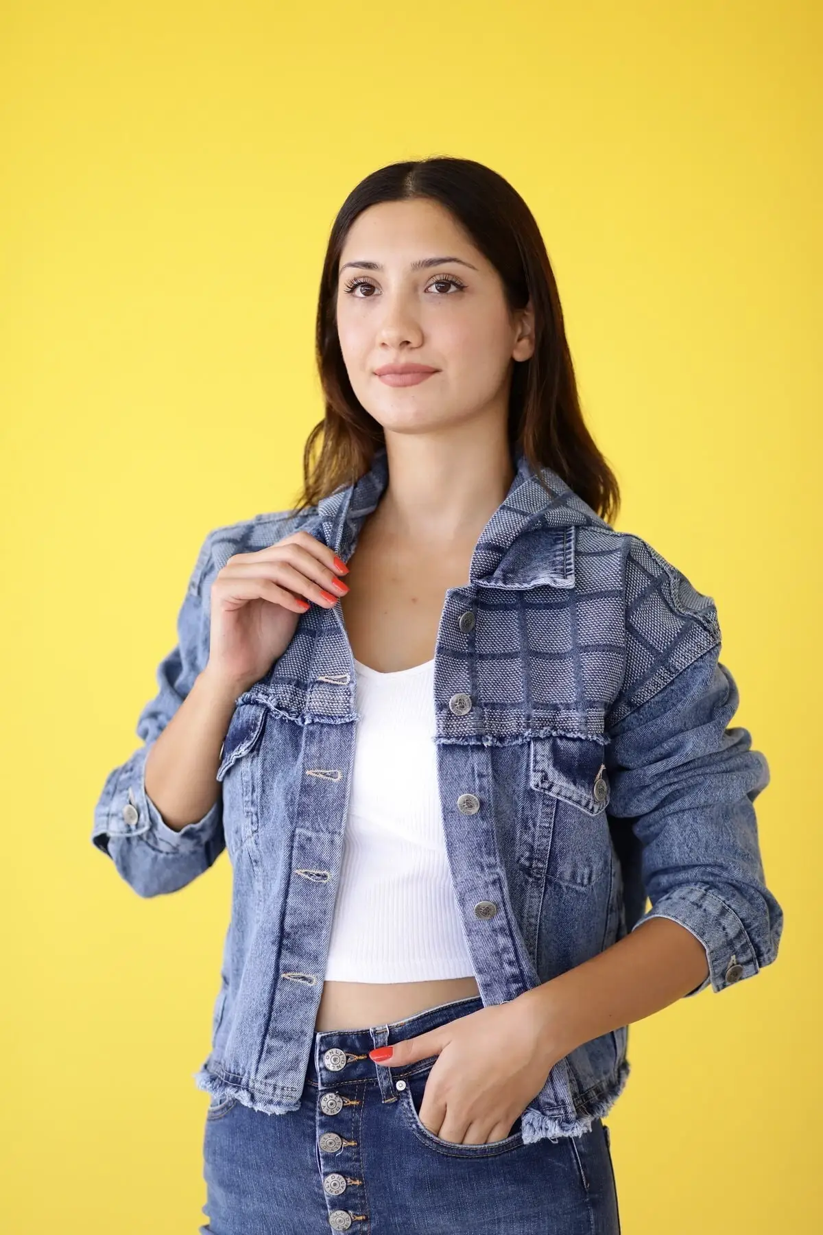 

Women's Fashion Denim Jacket Coat Hooded Plaid Jean Jacket