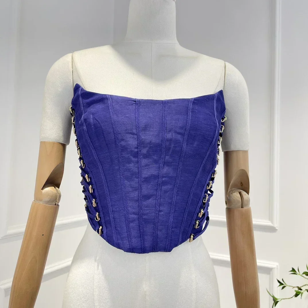 

2023 High Quality Linen Silk Spring Summer Beach Style String Cross Crop Top All-matching Corset for Women