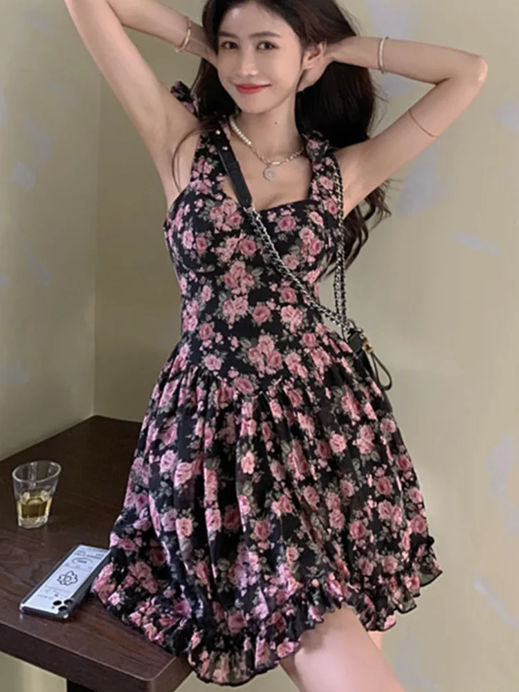 Женское летнее платье с цветочным принтом повседневное короткое подтяжками в