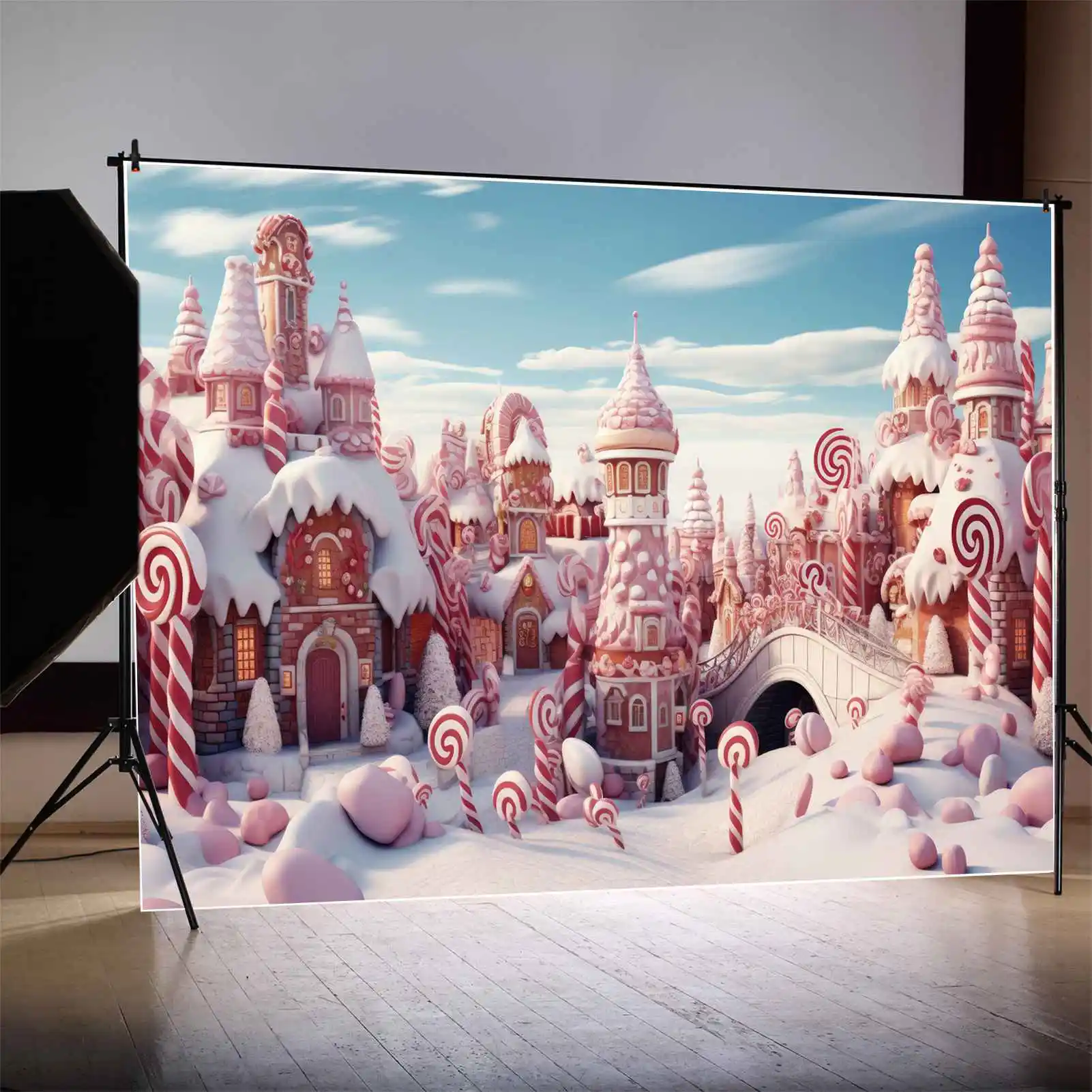 

MOON.QG Backdrop Children Pink Sugar Candy Bar Castle Birthday Decoration Background Candyland Lollipop Bridge Party Photo Booth