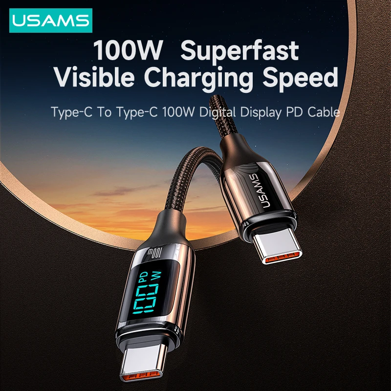 USAMS U78 PD 100W Digital Display Cable For Macbook iPad Air Pro Type C Fast Charging Data Cable For Huawei Xiaomi Samsung OPPO