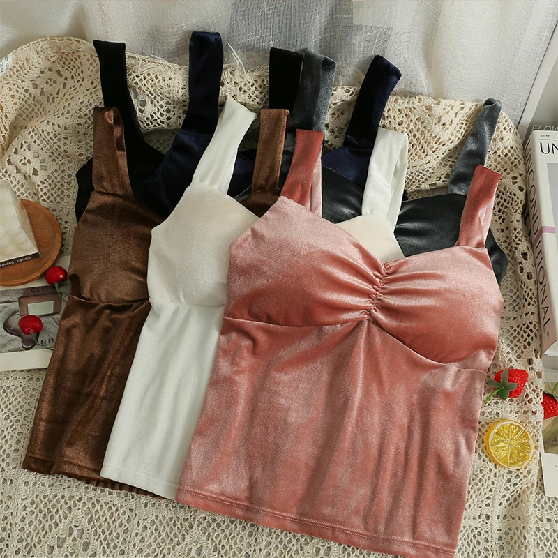 

Vintage Valvet Woman Tanks Camisoles Sleeveless Thick Pleated Femme Croset Crop Tops Autumn Winter Women Tank Camis Dropshipping