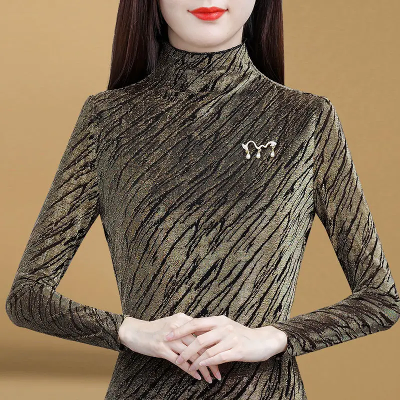 

Half High Collar Mesh Bottoming Shirts Women 2022 Spring and Autumn New Style Inner Self-cultivation Sexy Long-sleeved Tops B33