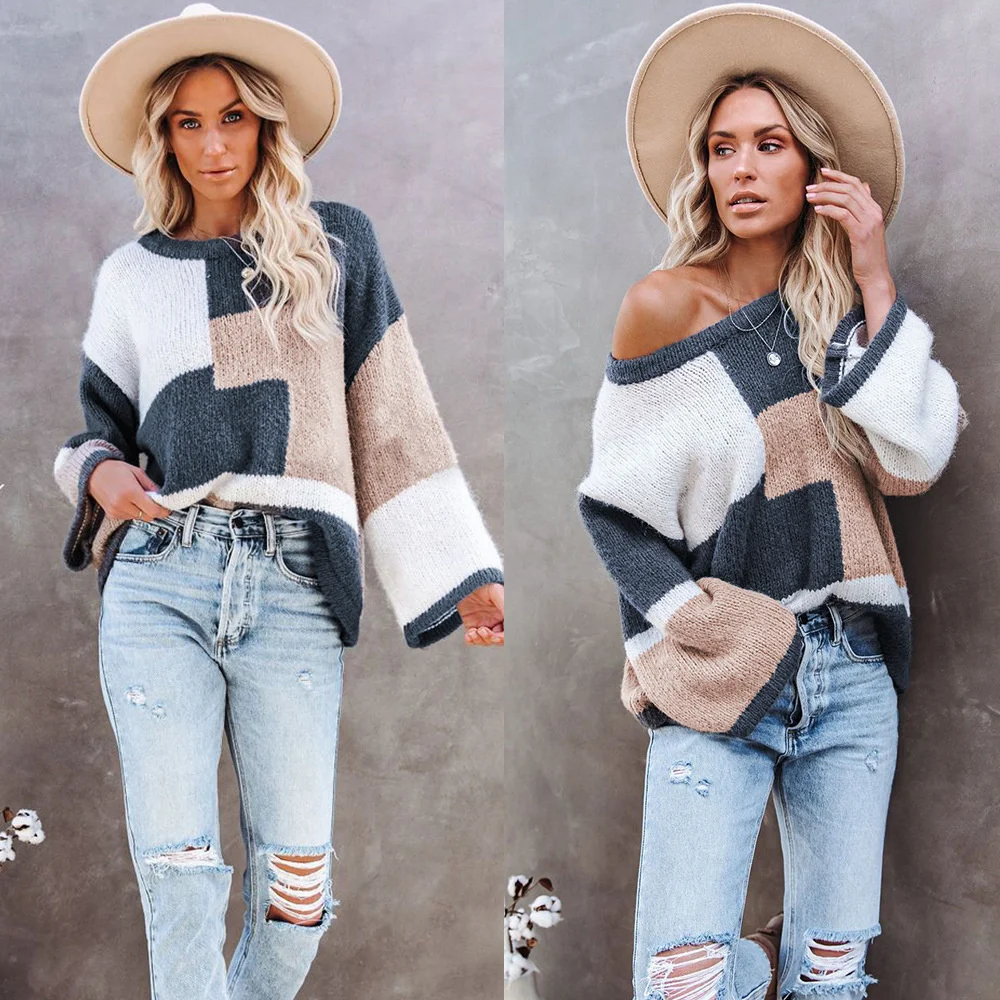 

Повседневный СВОБОДНЫЙ Модный Топ, контрастный свитер с круглым вырезом, большой свободный пуловер с длинным рукавом, Осень-зима 2023