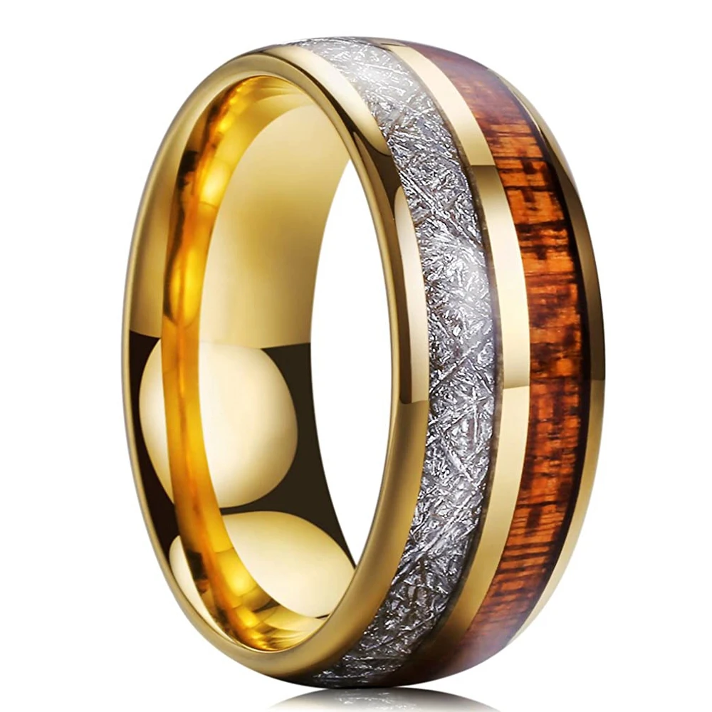 

Trendy 8mm Mens Gold Color Stainless Steel Rings Hawaiian Koa Wood And Meteorites Inlaid Dome Engagement Ring Men's Wedding Band