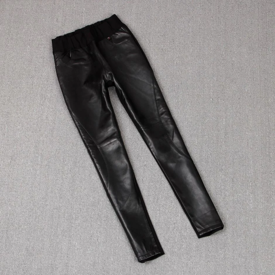 

style great quality real England sheep leather full length pants Spring female High waist was thin pencil leather Pants F1002