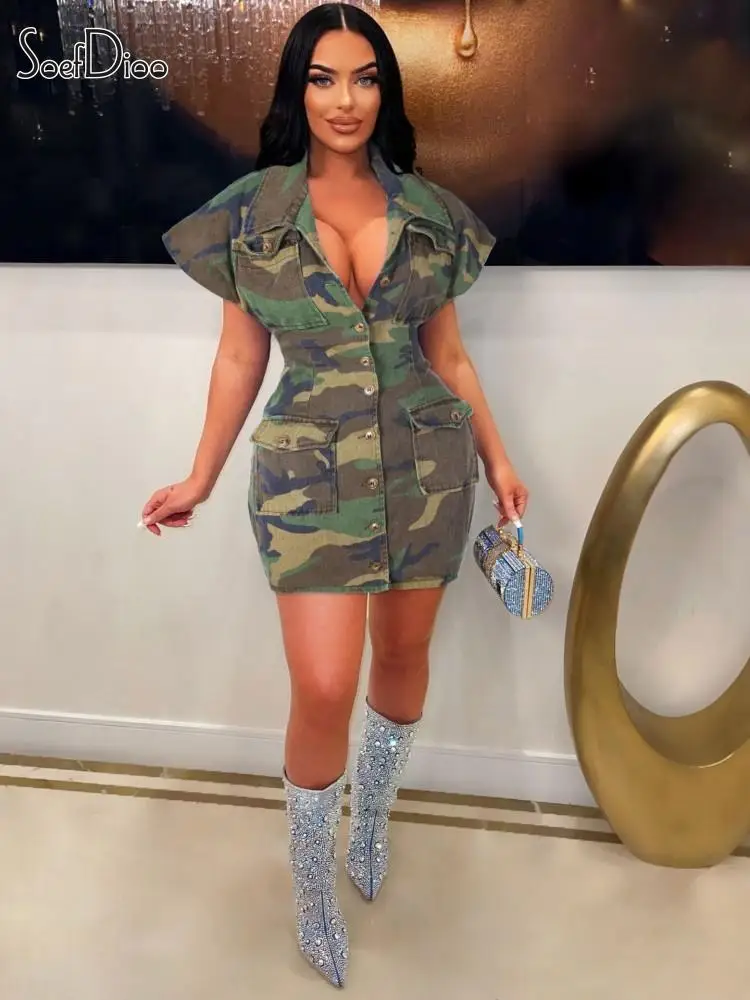 

Женское облегающее платье миди Soefdioo, камуфляжное однобортное платье с широким рукавом и карманами спереди, 2023