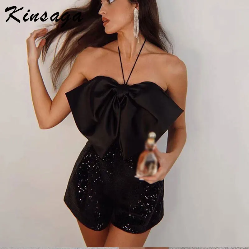 

Женский комбинезон с лямкой на шее, черный комбинезон с блестками и бантом на шее, летние шорты с открытой спиной, комбинезон без рукавов, кл...