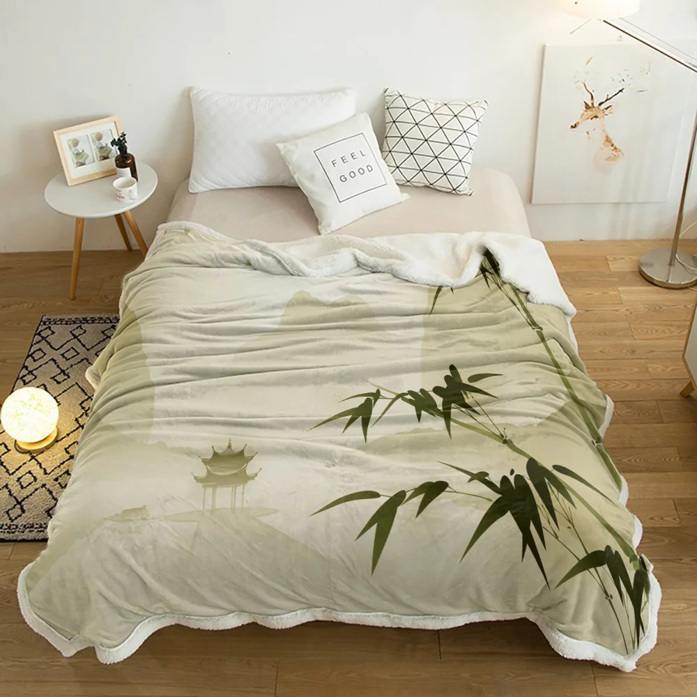 

Chinese Style Bamboo Branch Pavilion Lamb Cashmere Fleece Blanket Home Bed Sofa Winter Sherpa Bedding Kids Thick Bedspread