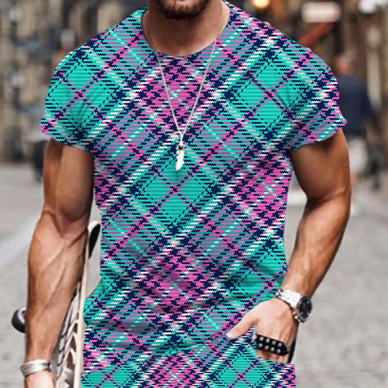 

Men's T-shirts Plaid Stripe Pattern Street Tops Hip-hop 2022 New Sportswear Short Sleeve Summer 3D Printed Oversized T-shirt