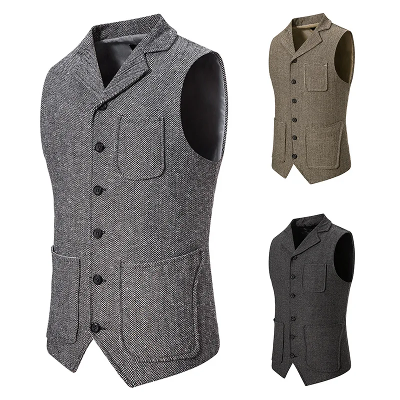 

New 2023 Mens Herringbone Suit Vest Khaki Black Grey Single-breasted Lapel Males Waistcoat Formal Business Casual