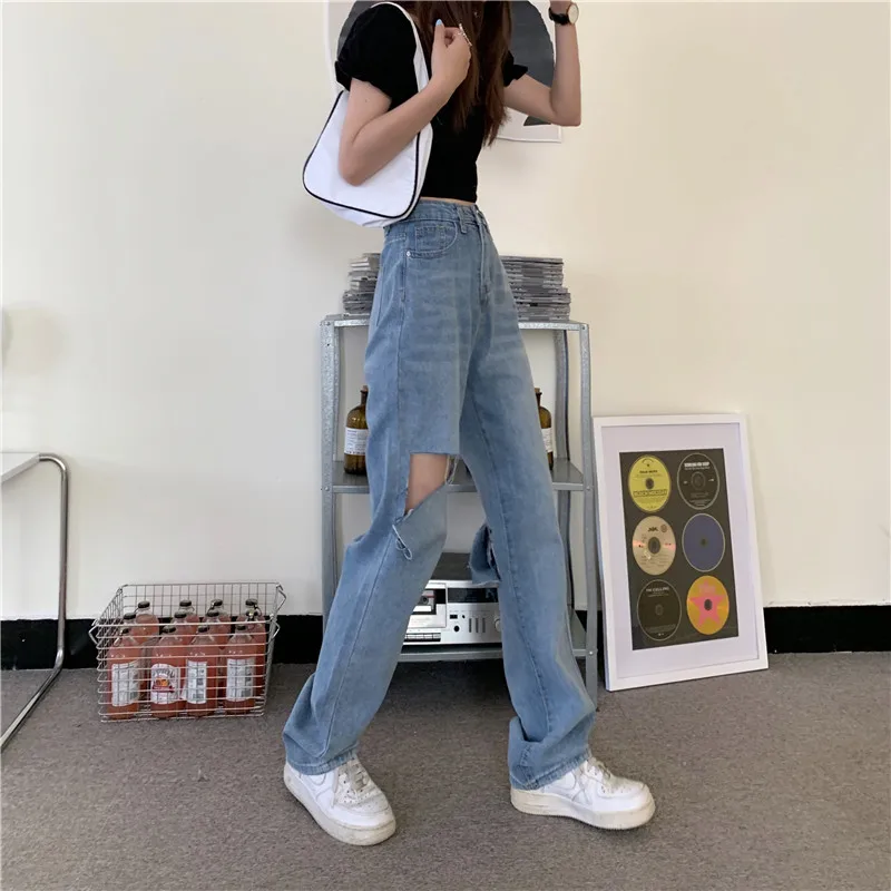 N1910    Ripped jeans women loose and thin all-match high-waisted straight wide-leg trousers jeans