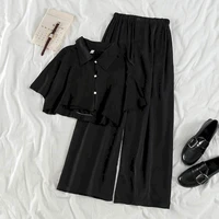 korean vintage two pieces set for women 2022 casual summer short sleeve shirt blouseloose wide leg pants casual female outfits