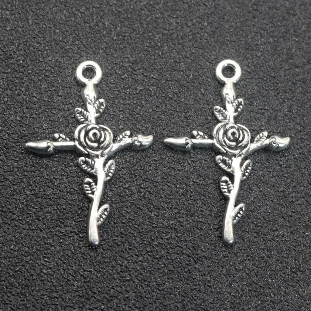 

20 Tibet Silver Tone Alloy Rose Cross Charm Pendants 24X35mm Jewelry Making