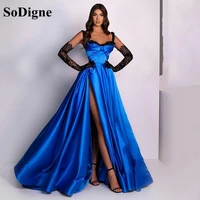 sodigne blue evening dress for wedding party satin black lace long sleeves elegant side split prom gowns celebrity dress