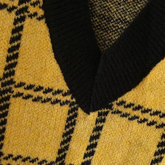 Американский уличный желтый клетчатый вязаный жилет женский короткий с глубоким