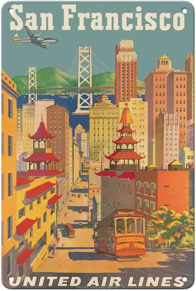 fc slnd rt Sn Frncsco Clforn - Cble Cr n Chntown Unted r Lnes Vntge rlne Trvel Poster by Joseph Fehér c.1950s 8 x 12 nch V