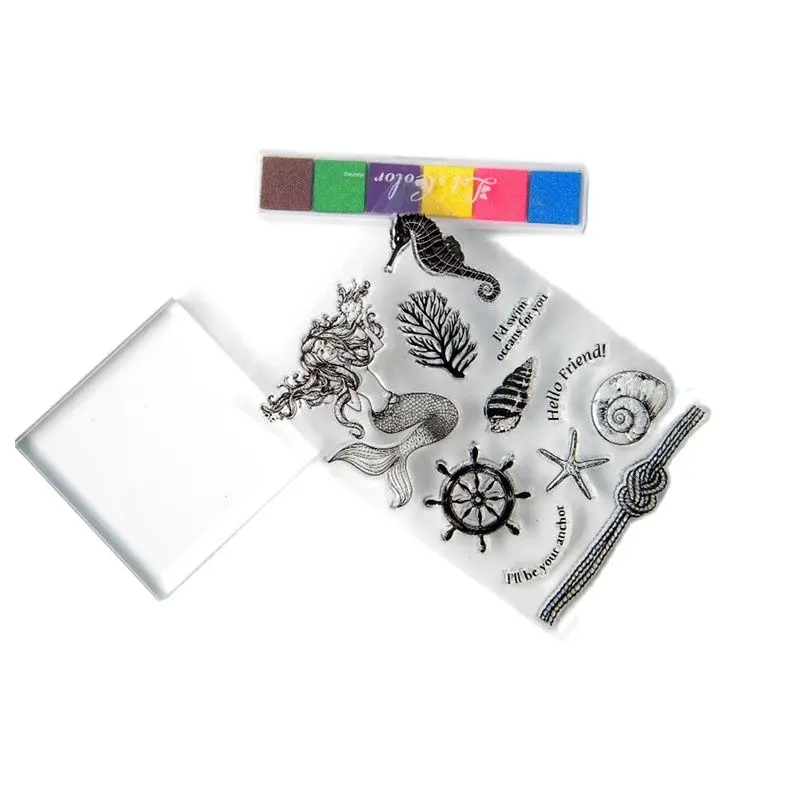 

Mermaidl Clear Stamp Set Colorful Inkpad Acrylic Block Sea Travel Scrapbooking Stamp Pads for Home Decoration DIY Craft Supplies