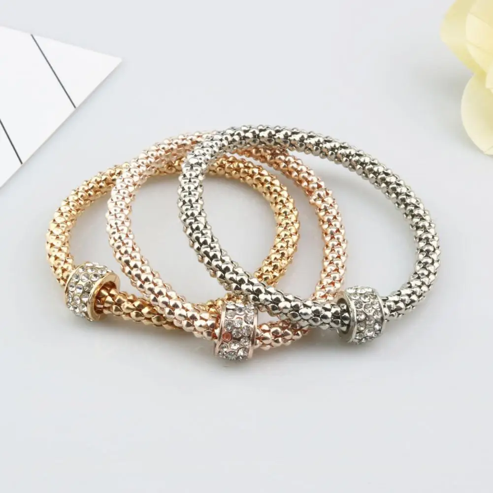 

3Pcs Women Bracelet All-match Fashion Jewelry Alloy Rhinestone Embedded Corn Chain Bangle for Party
