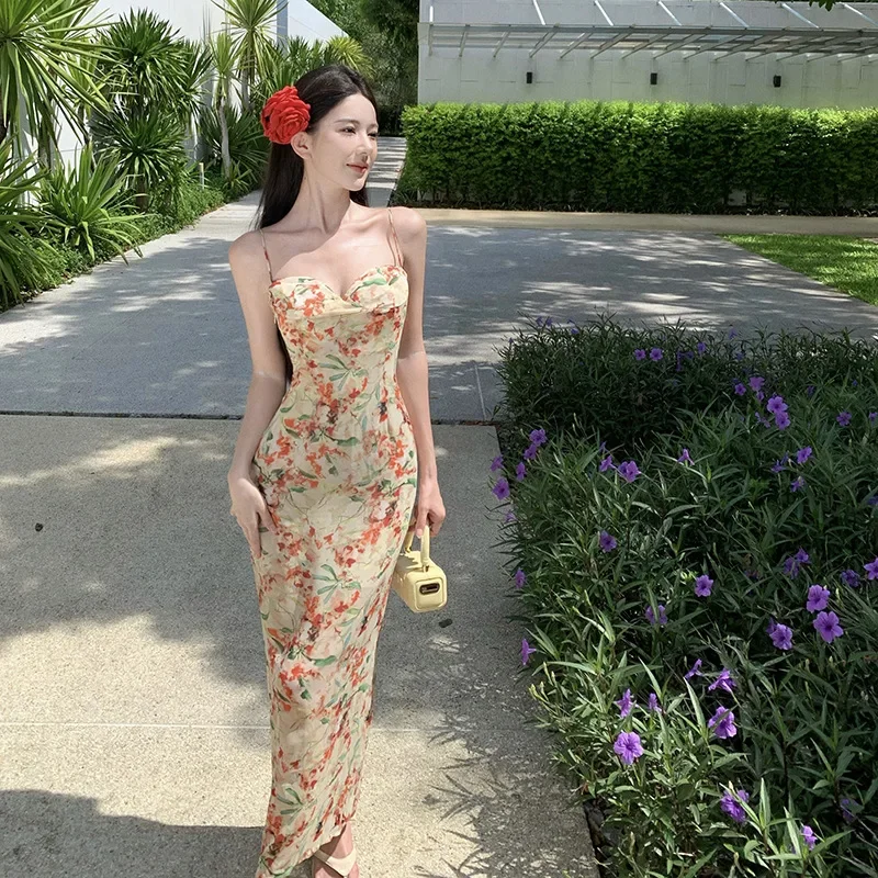 Французское винтажное платье с масляной живописью и боковым разрезом женское