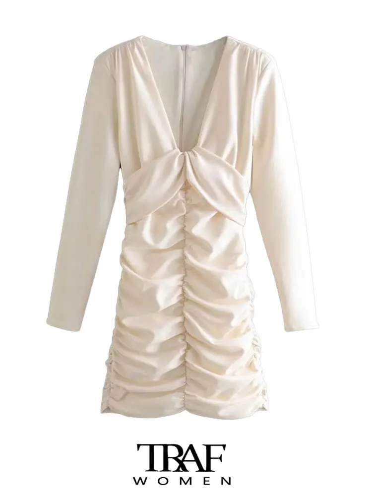

TRAF Women Fashion With Shoulder Pads Draped Mini Dress Vintage Long Sleeve Back Zipper Female Dresses Vestidos Mujer