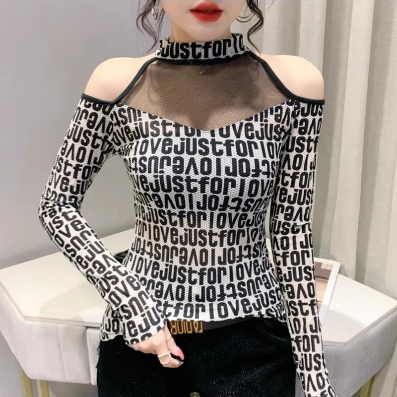 #8044 Сетчатая футболка с принтом Женский Топ длинным рукавом и открытыми плечами