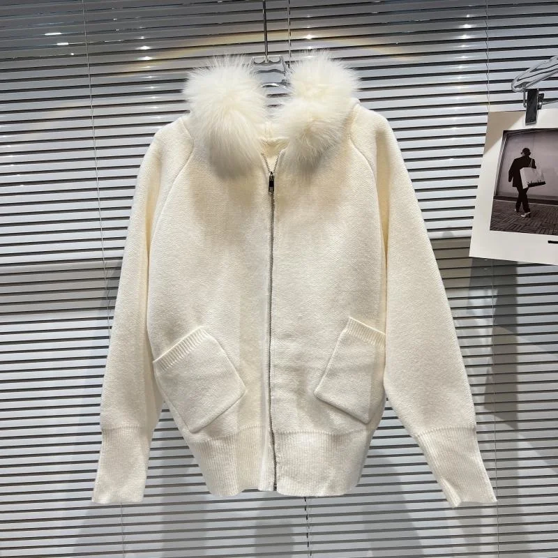 

Осень 2022, Новое поступление, женское трикотажное пальто PREPOMP на молнии с длинным рукавом и капюшоном из искусственного меха, белая куртка GG385