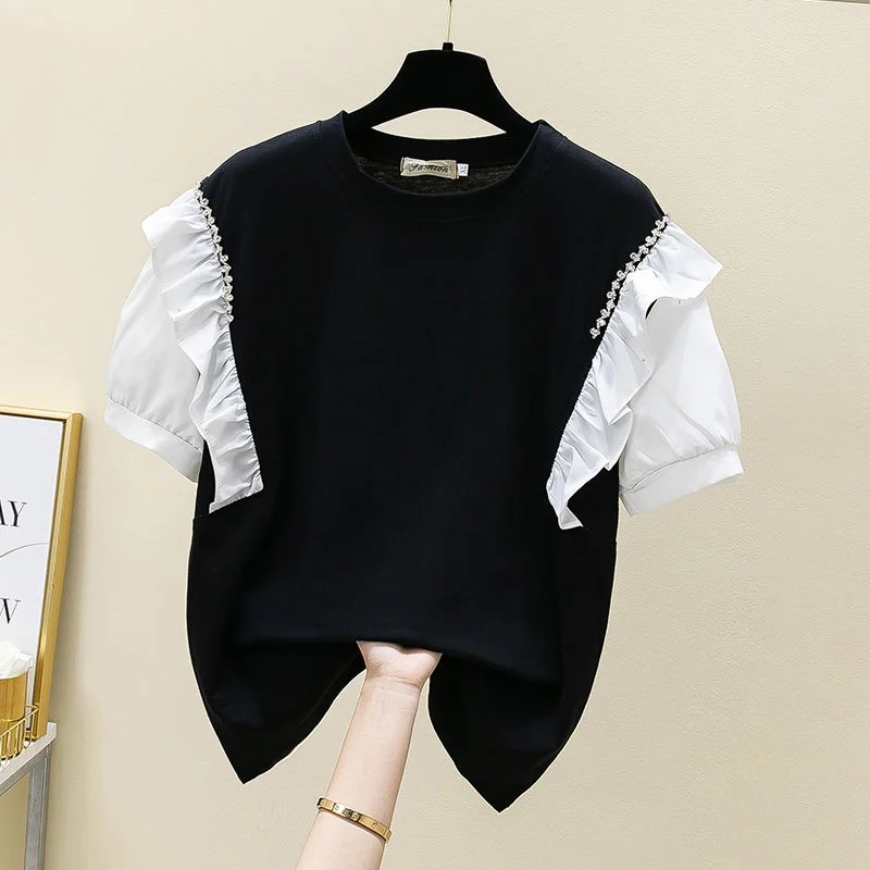 

Women's T-shirt Short Sleeved Small Fresh Ruffle Loose Chic Casual Pullover Ladies Top 2022 Summer New Japan Korea