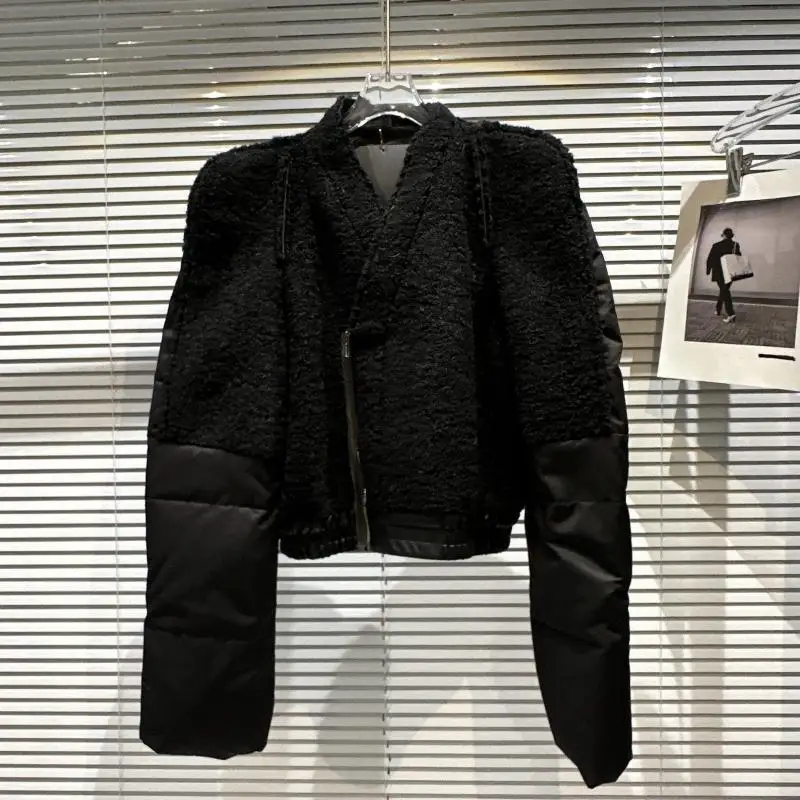 BORVEMAYS Women Cotton Coat 2023 Winter New V Neck Long Sleeve Solid Color Thickening Loose Fashion Trend Jacket WX241