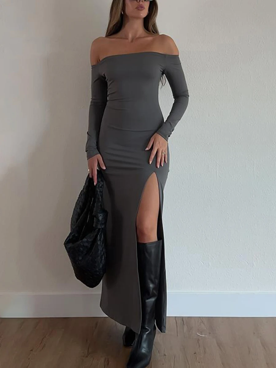 

Women s Off-Shoulder Maxi Dress Long Sleeve High Slit Backless Slim Bodycon Dress