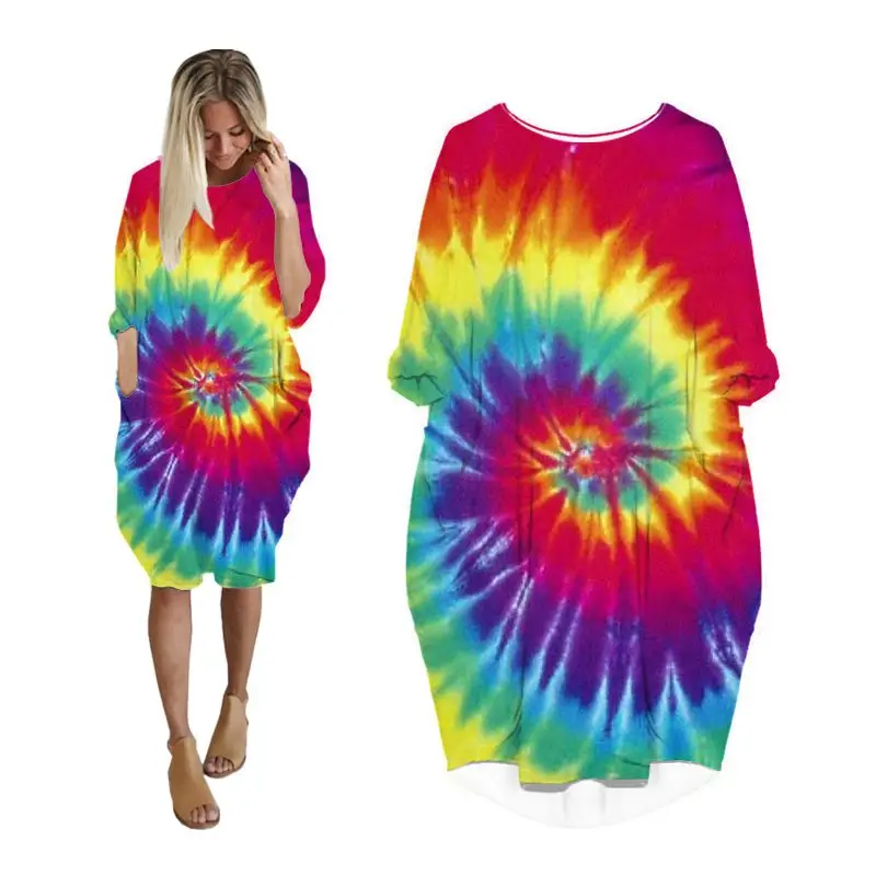

tie dye dress women summer 3d print streetwear long sleeve midi dresses fashion casual harajuku plus clothing pullover clothes