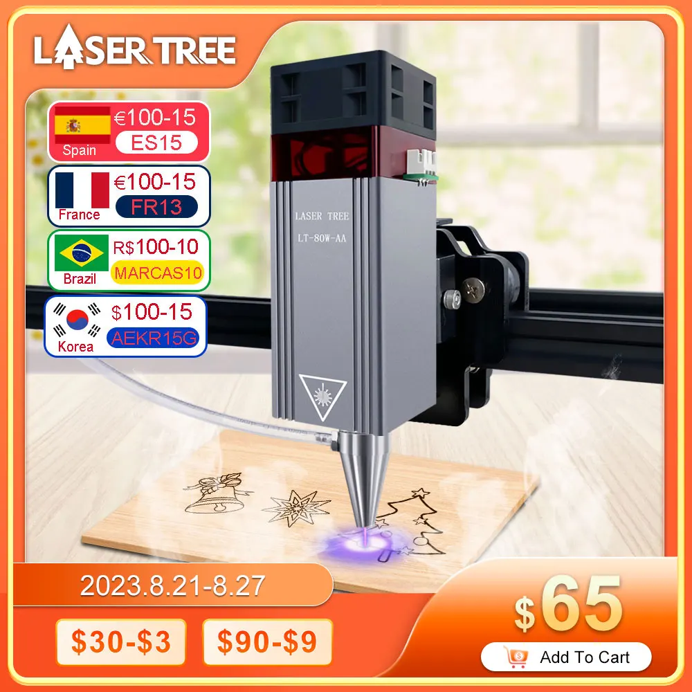 LASER TREE 80W 40W 30W 20W Laser Head with Air Assist TTL Blue Light Module for DIY Laser Cutting Engraving Machine Wood Tools