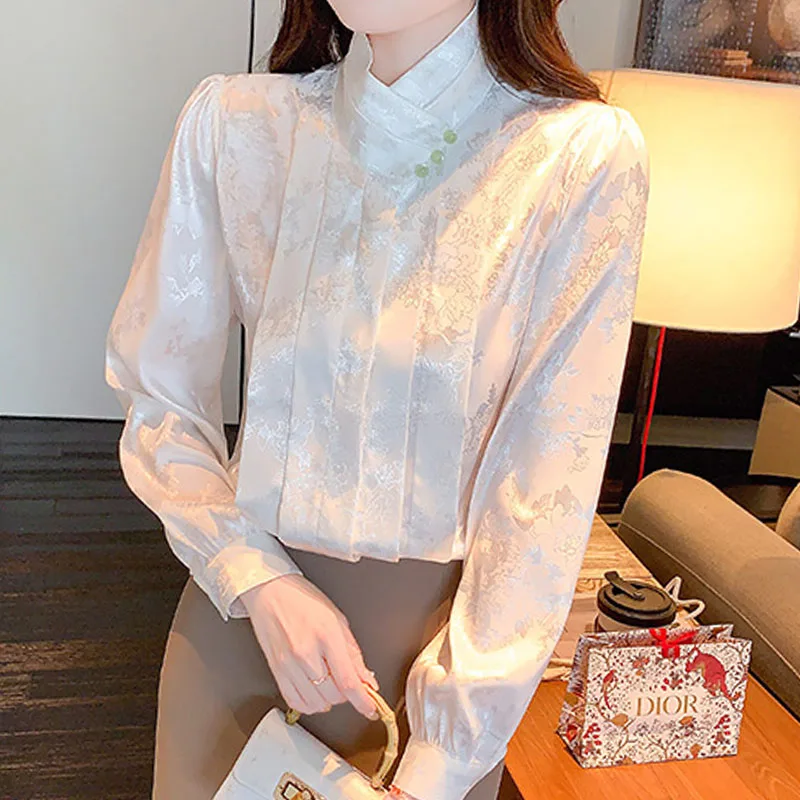 Модная женская рубашка с длинным рукавом и воротником-стойкой белая жаккардовая