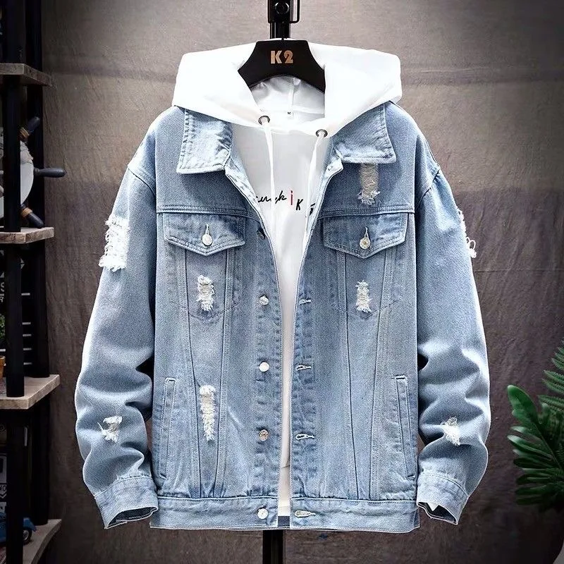 

2023 Spring and Autumn New Fashion Solid Color Ripped Denim Coat Men's Casual Loose Comfortable High-Quality Large Size Jacket