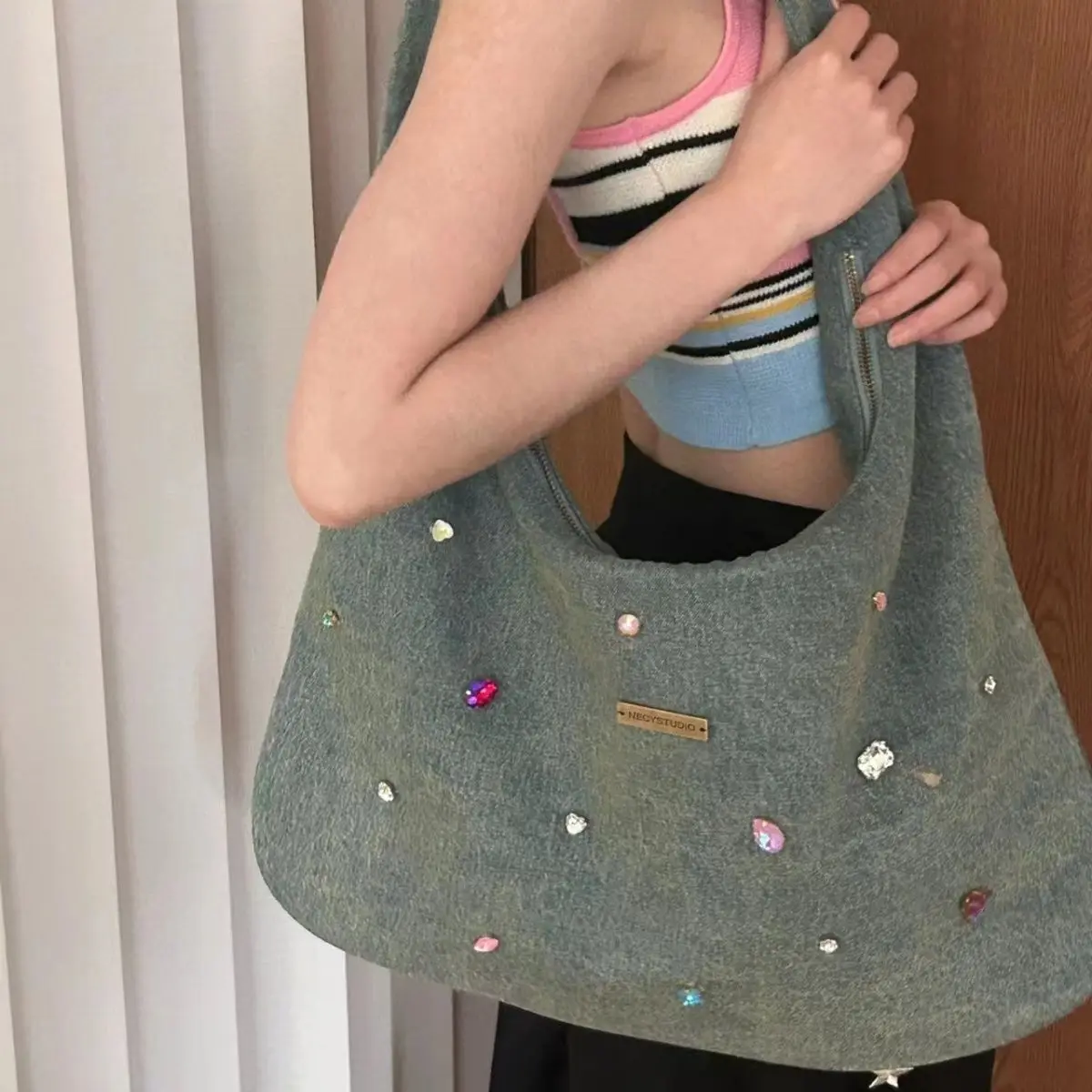 

JIAERDI Rhinestone Denim Handbag Women Vintage Large Capacity Casual Shoulder Messenger Bag Ladies Harajuku Blue The Tote Bag