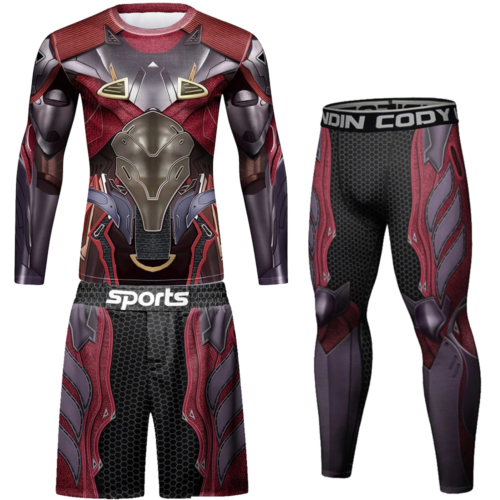 

Мужской спортивный костюм из футболки и брюк, костюм из футболки с длинным рукавом для ММА, Мужская компрессионная рубашка, спортивный кост...