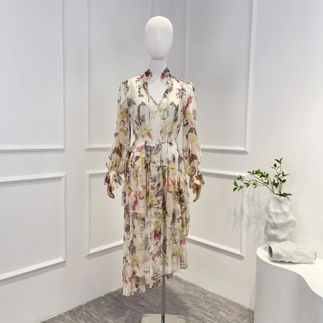 

Asymmetrical Hem Floral Printing Midi Dress 2023 Newest Summer Fall Top Quality Silk Long Sleeve Women Clothing