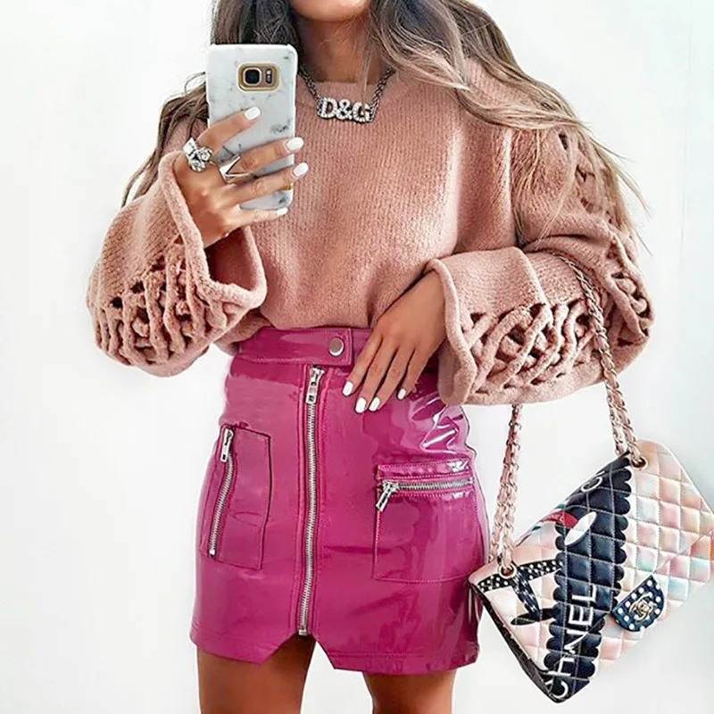 

Sexy High Waist PU Leather Skirt Women Leather Zipper Pocket Skirts New Summer Autumn Elegant Mini Streetwear Bodycon Pink Black
