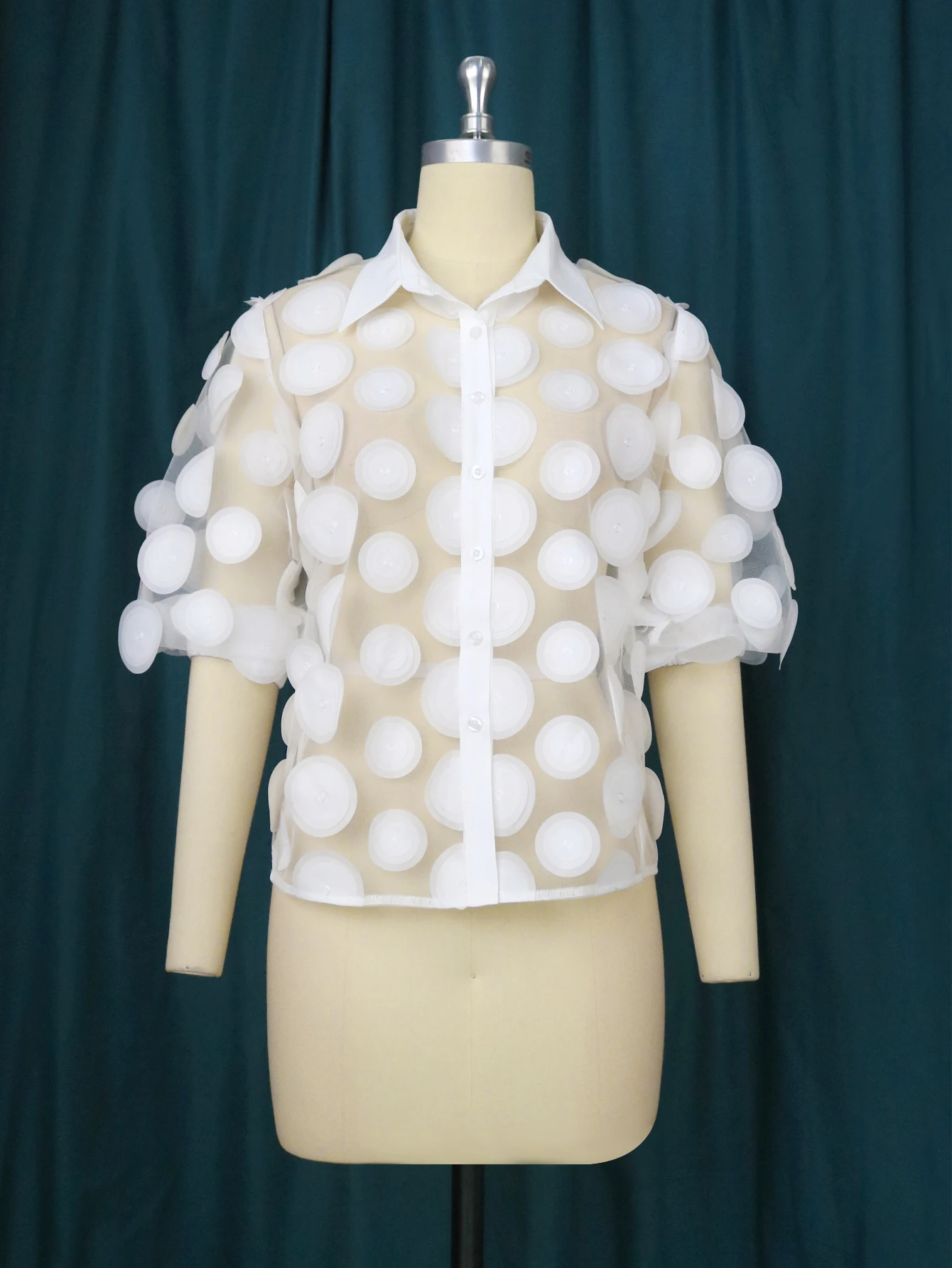 White Plus Size Tops Turn Down Collar Sexy See Through Dot Half Sleeve Sexy Shirts for Women Evening Club Party Blouses 3XL 4XL