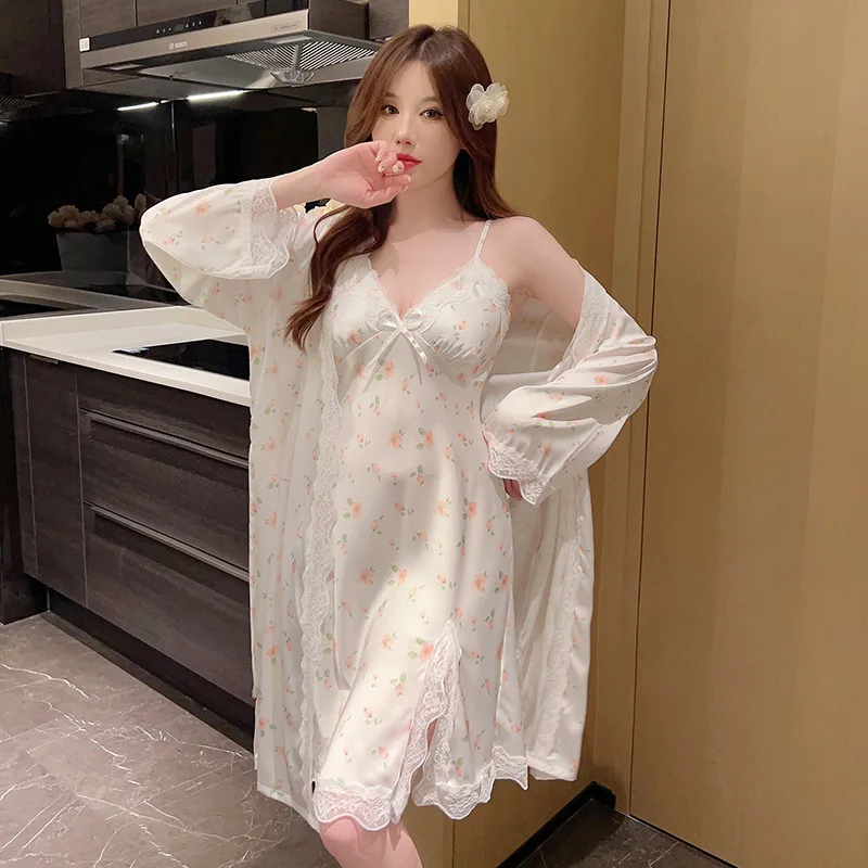 Женский комплект ночной рубашки с принтом из 2 предметов кружевной халат рубашка