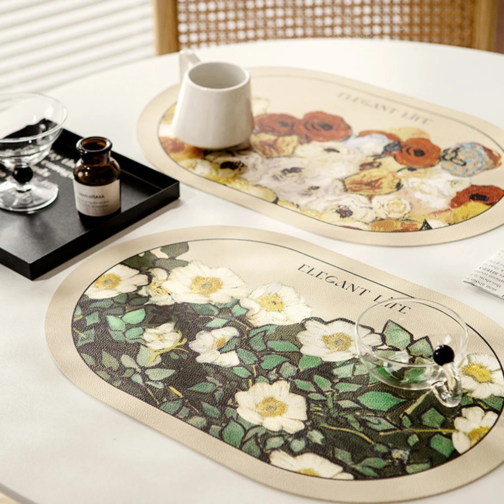 

Nordic Oil Painting Style Coaster Leather Dining Table Mat Heat Insulation Retro Oval Flowers Place Mat Coasters Table Mat